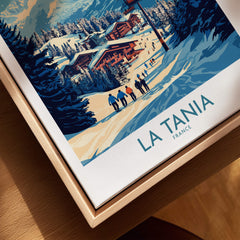 La Tania Wall Art Ski Poster featuring a picturesque ski resort scene in France.