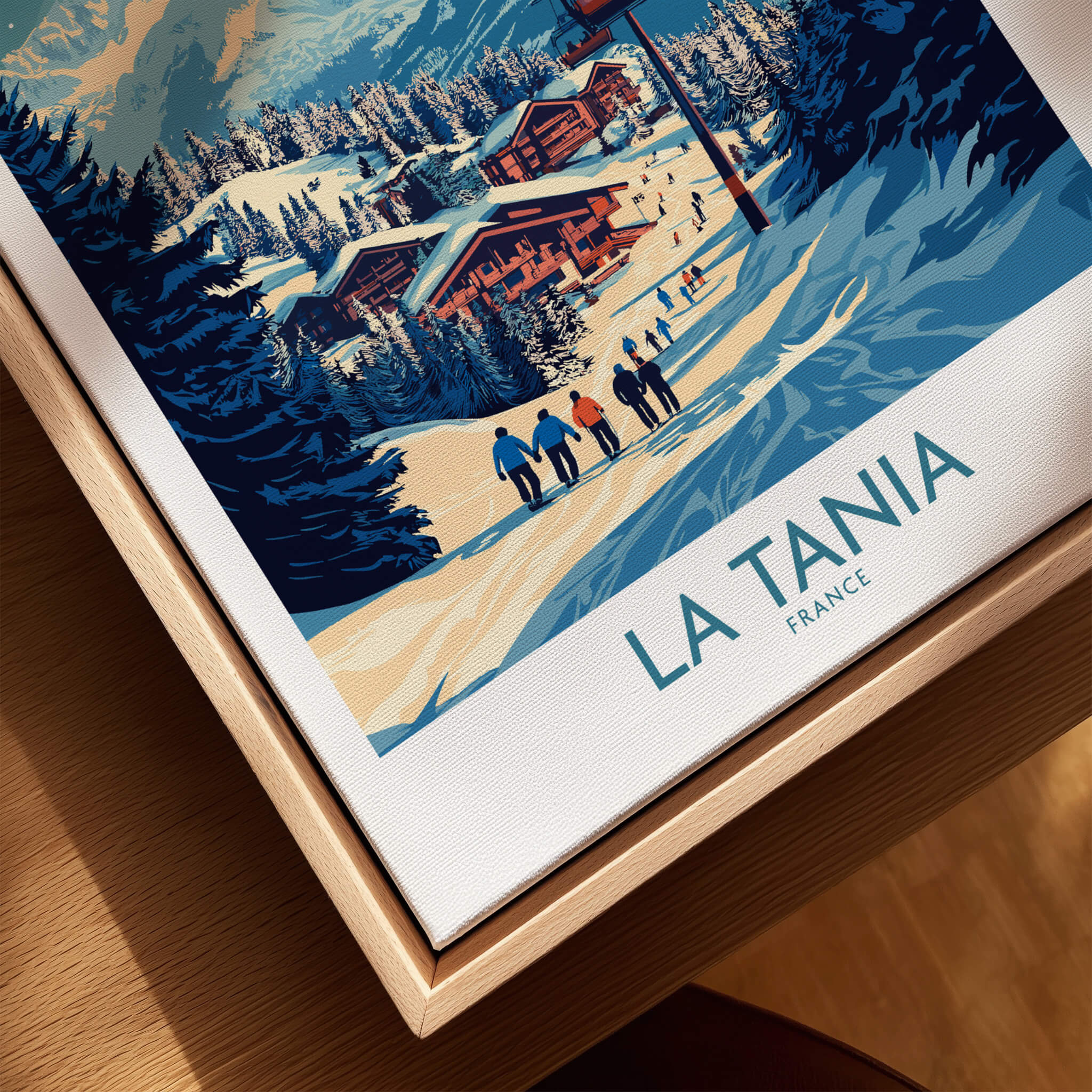 La Tania Wall Art Ski Poster featuring a picturesque ski resort scene in France.