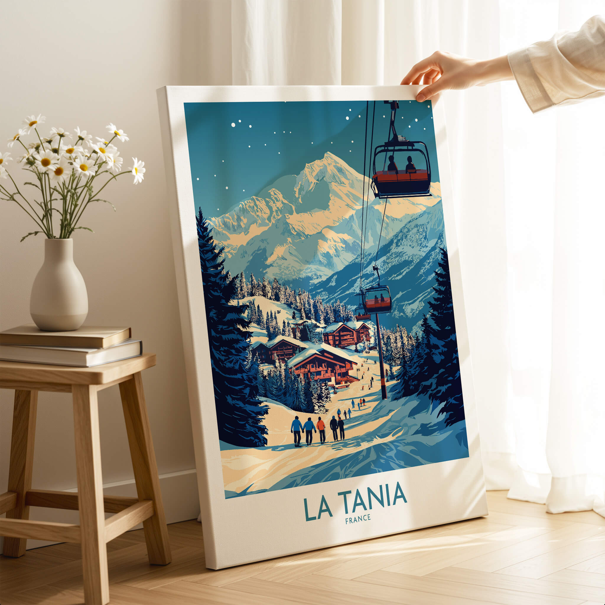 La Tania Wall Art Ski Poster featuring a ski resort scene with mountains and skiers in a stylish decor setting.
