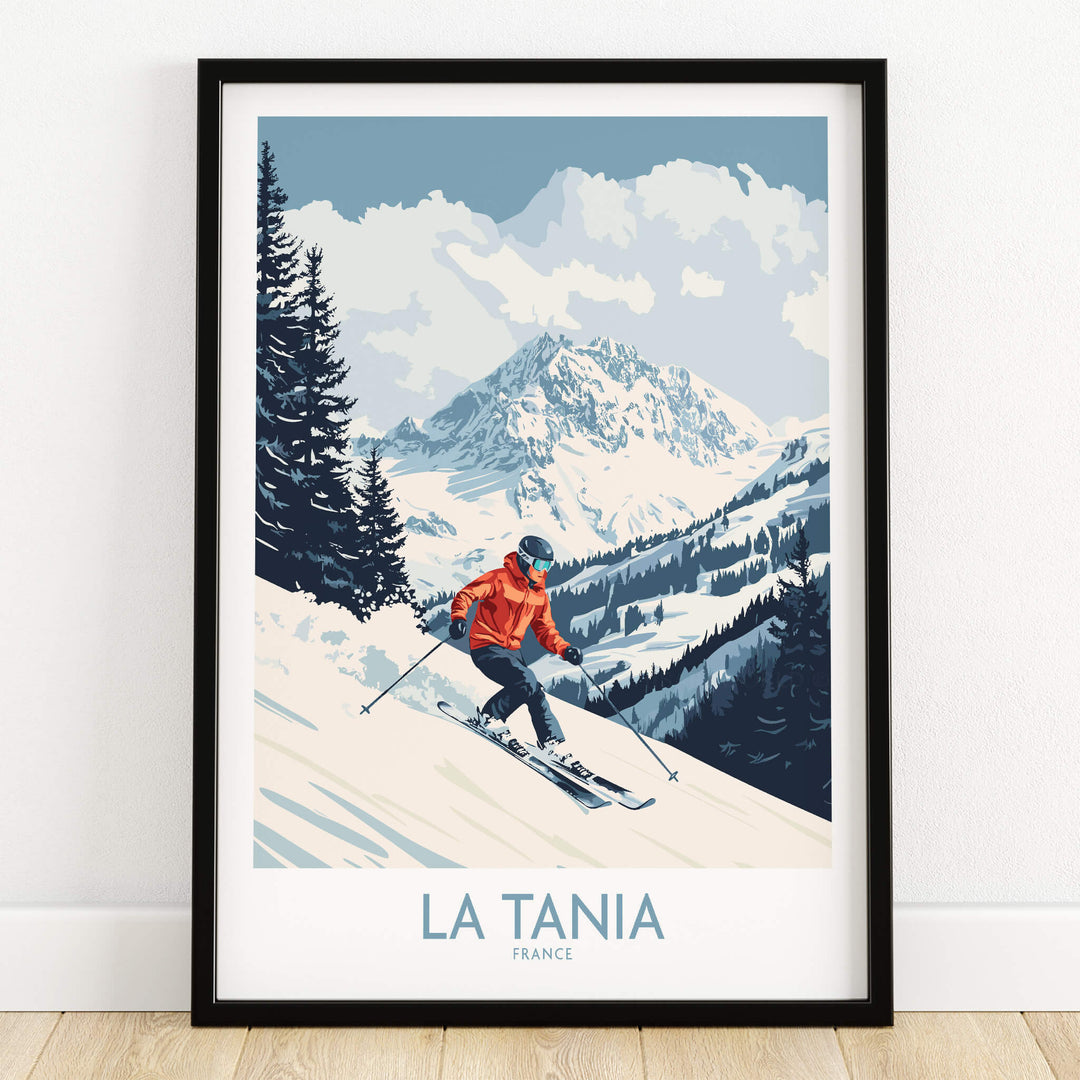 Ski Poster La Tania France depicting a skier on the slopes with stunning mountain views.