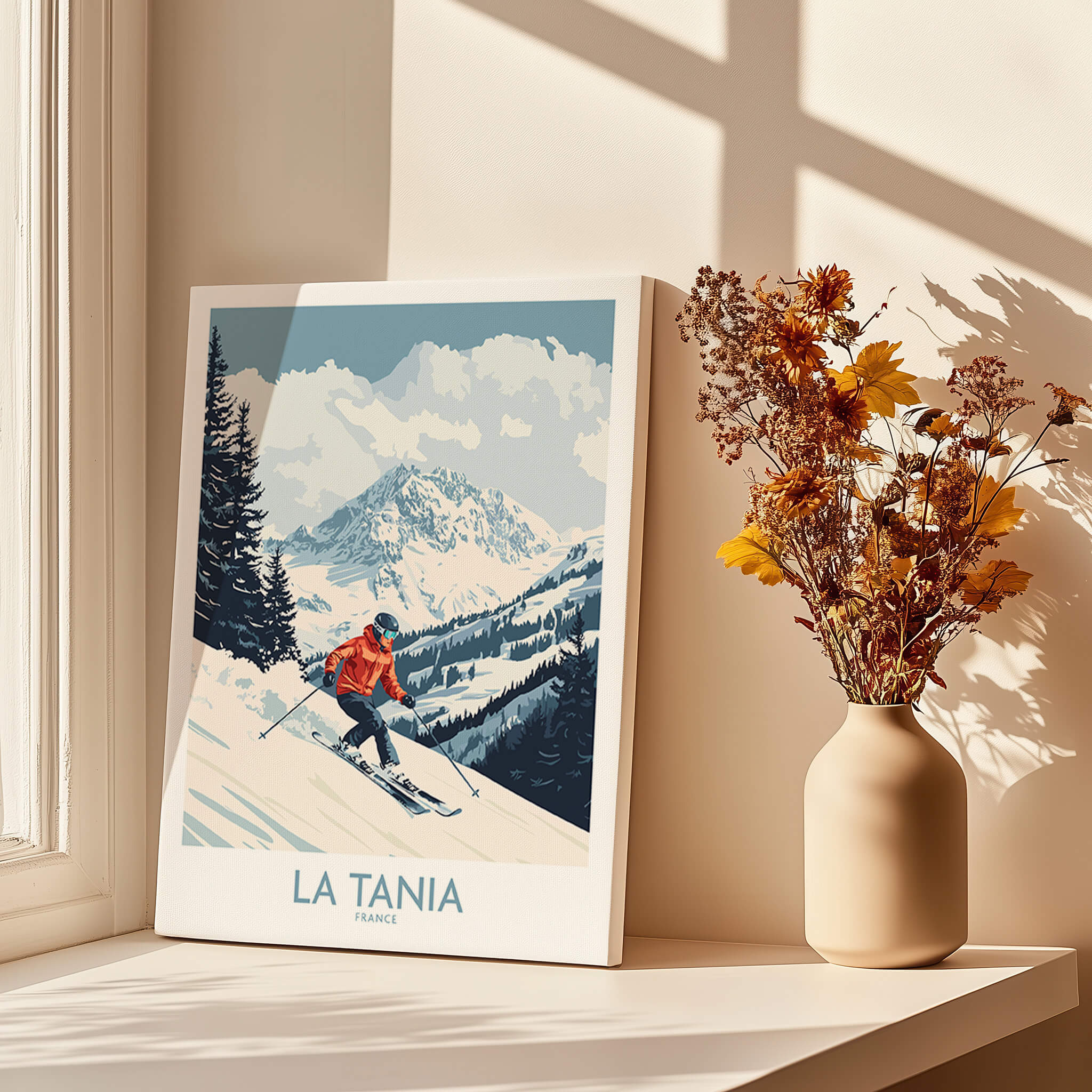 Ski Poster La Tania France featuring a skier on the slopes with stunning mountain scenery.