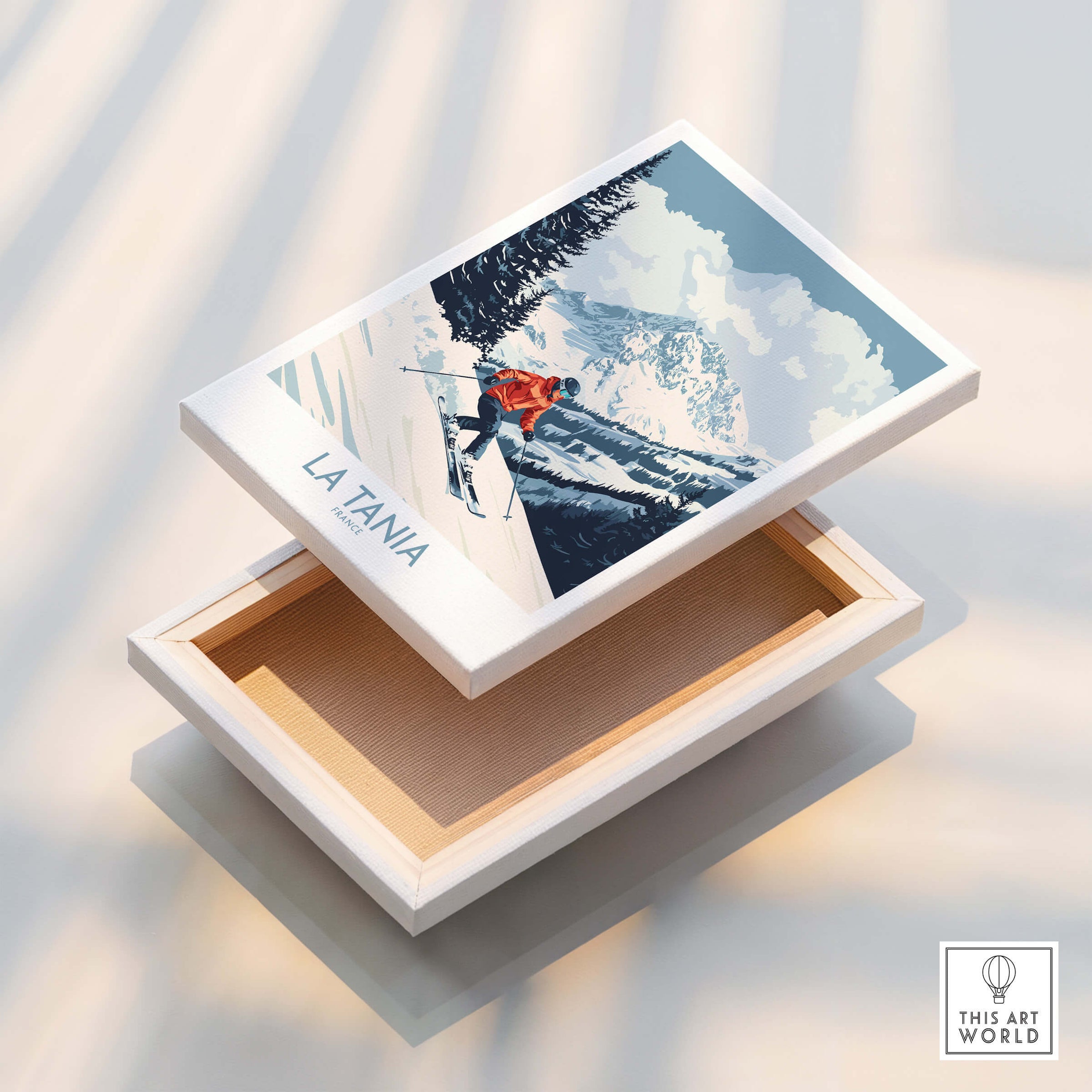 Ski Poster La Tania France showcasing a skier against a mountainous backdrop, perfect for ski lovers.