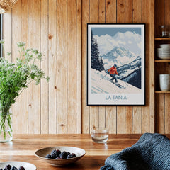 Ski Poster La Tania France featuring a skier in the French Alps capturing winter sports excitement.
