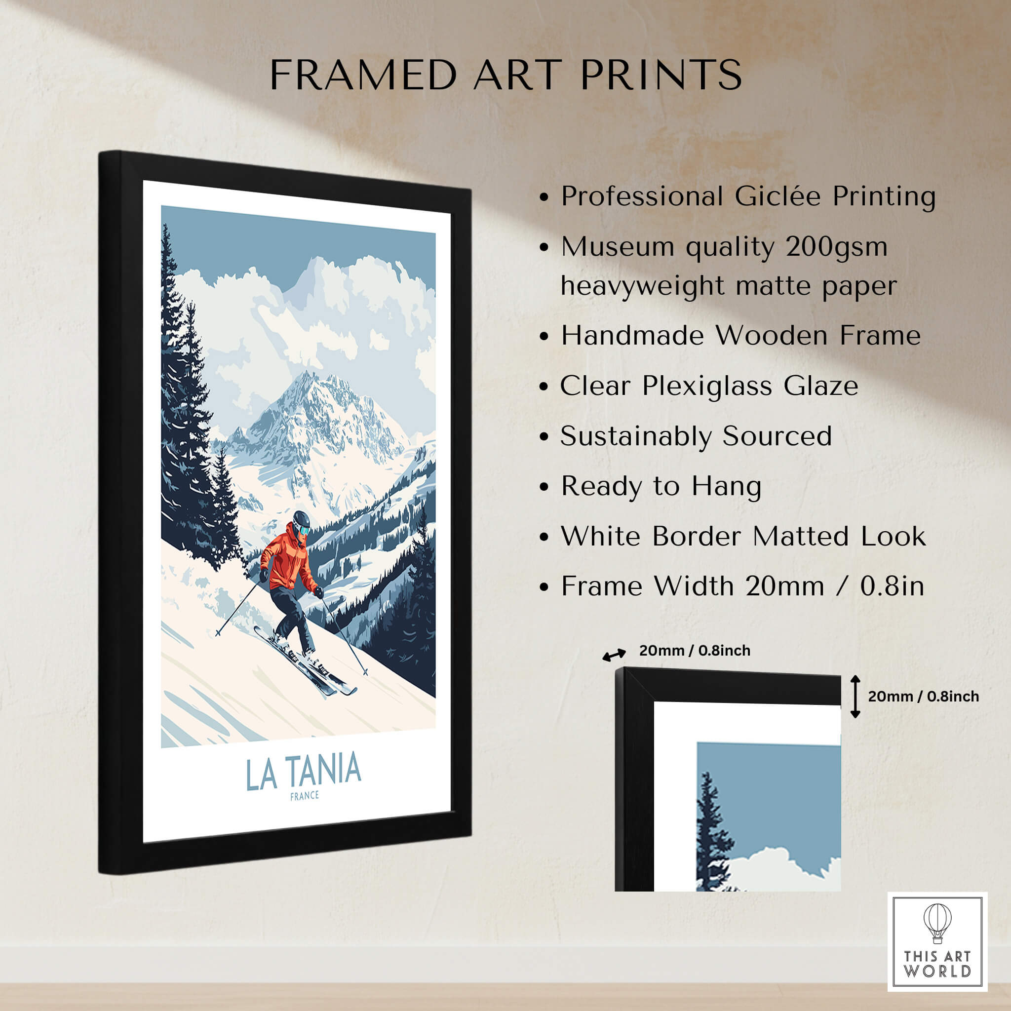 Ski Poster La Tania France framed art print showcasing a skier against the beautiful backdrop of the French Alps.