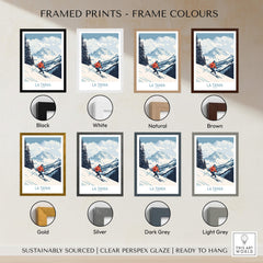 Framed Ski Poster La Tania France showcased in various frame colors: black, white, natural, brown, gold, silver, dark grey, light grey.
