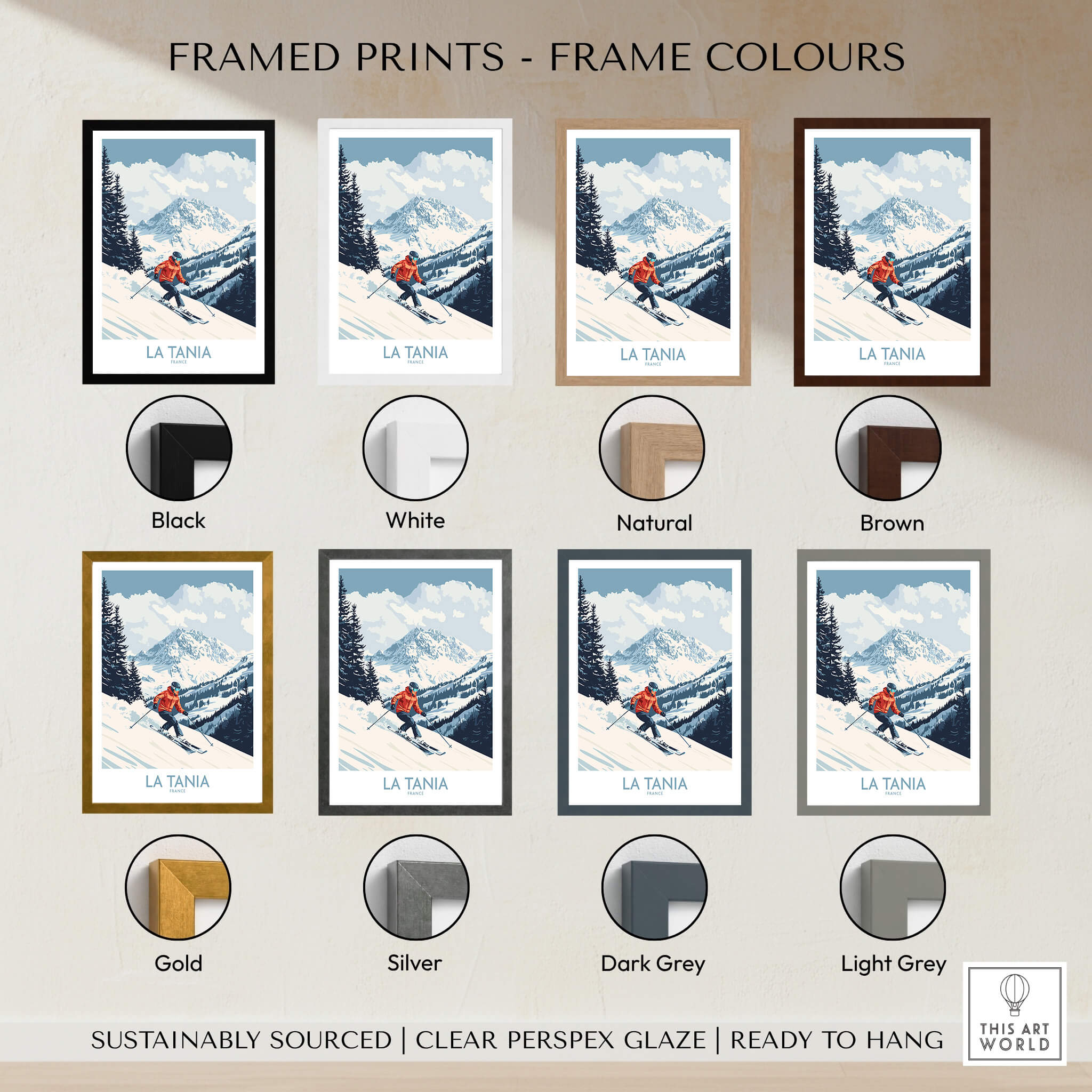 Framed Ski Poster La Tania France showcased in various frame colors: black, white, natural, brown, gold, silver, dark grey, light grey.