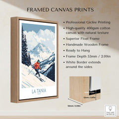 Ski Poster La Tania France framed canvas print showcasing a ski scene in the French Alps.