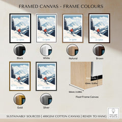 Framed canvas options for Ski Poster La Tania France in various frame colors including black, white, natural, brown, gold, and silver.