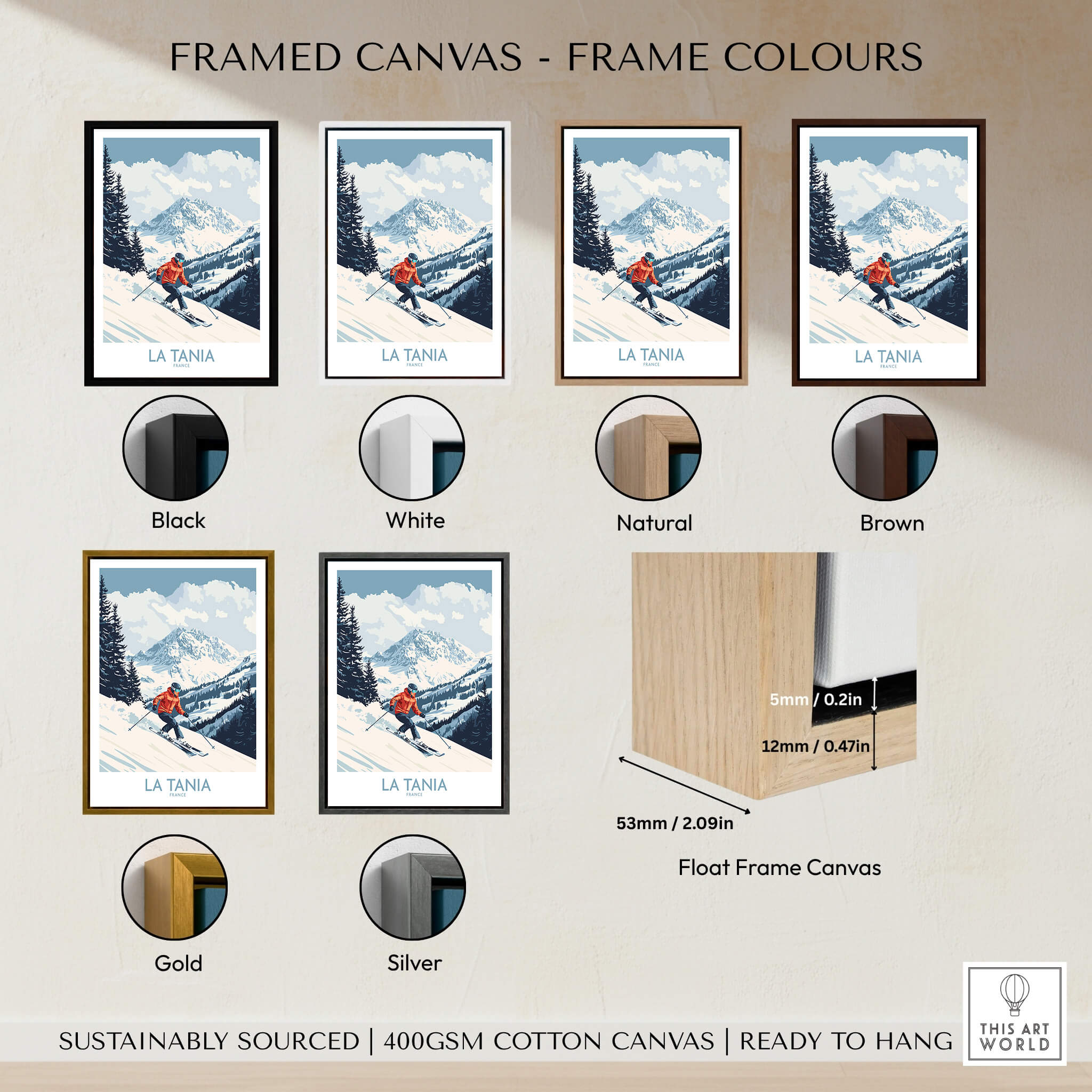 Framed canvas options for Ski Poster La Tania France in various frame colors including black, white, natural, brown, gold, and silver.