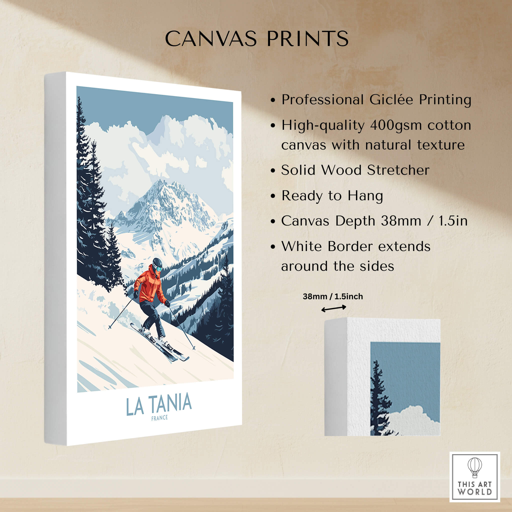 Ski Poster La Tania France featuring a skier in snowy mountains, perfect for ski lovers and home decor.