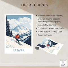 Ski Poster La Tania France showcasing a skier in the French Alps with stunning mountain views and vibrant colors.