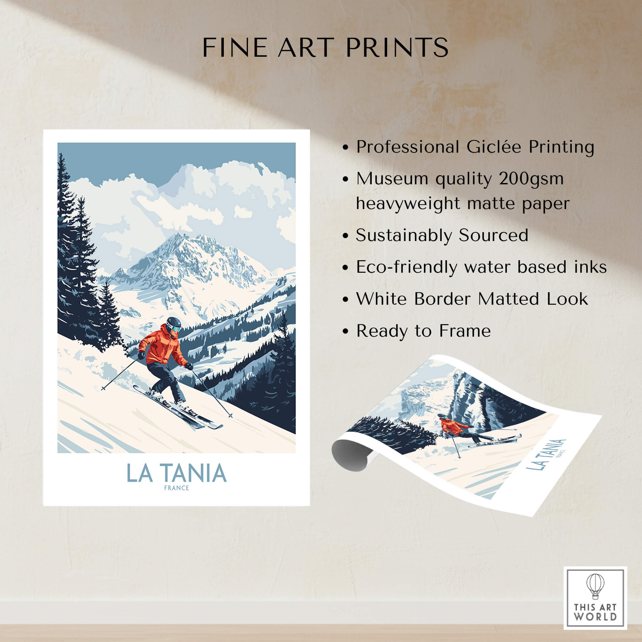 Ski Poster La Tania France showcasing a skier in the French Alps with stunning mountain views and vibrant colors.
