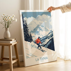 Ski Poster La Tania France featuring a skier on the slopes with beautiful mountain views.