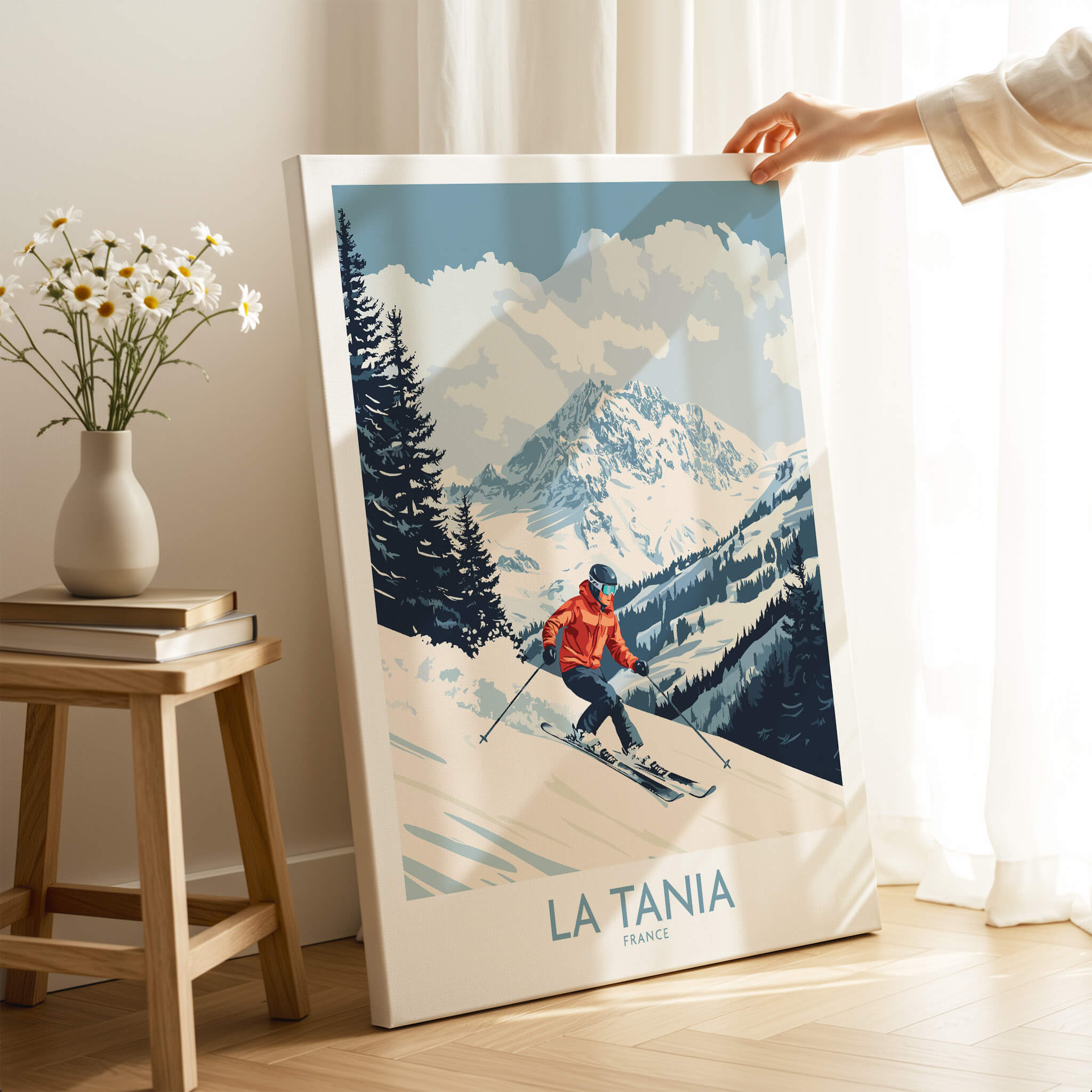 Ski Poster La Tania France featuring a skier on the slopes with beautiful mountain views.