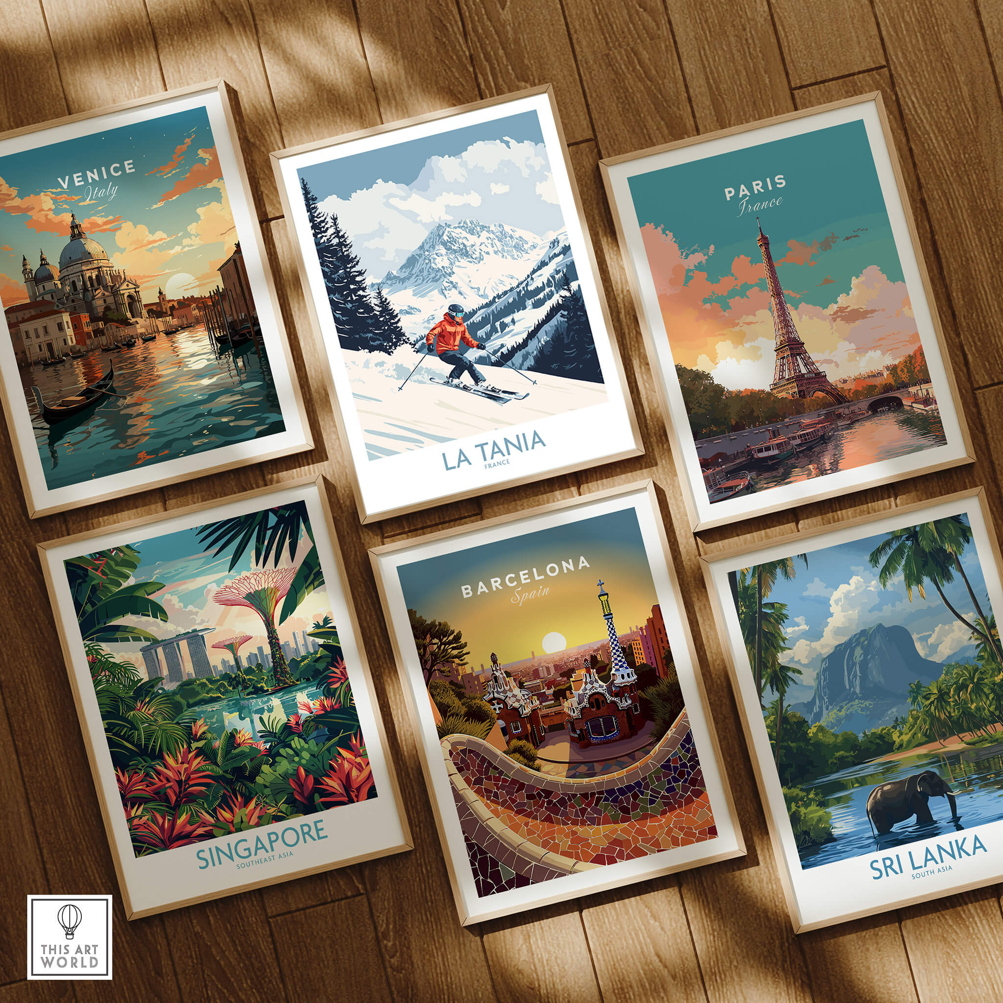 Artistic collage of travel posters featuring La Tania, Venice, Paris, Barcelona, Singapore, and Sri Lanka.