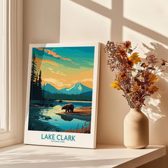 Lake Clark National Park art print with bear, mountains, and sunset, on window sill with vase