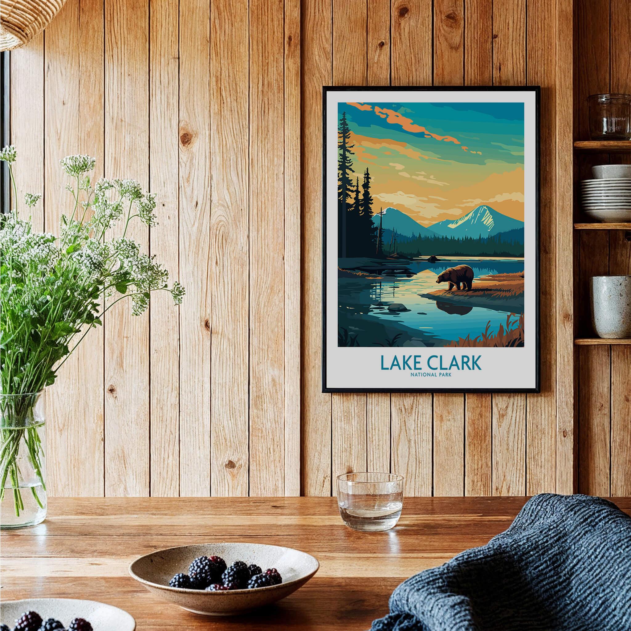 Lake Clark National Park art print with bear in mountain landscape, framed in rustic kitchen