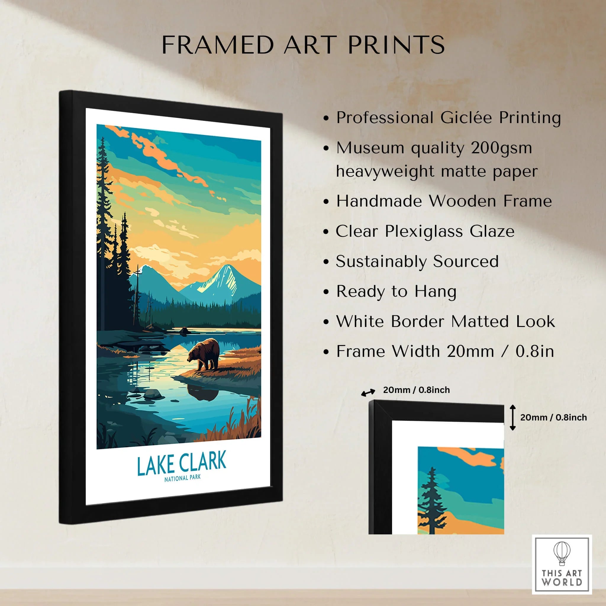 Lake Clark National Park framed art print with bear, mountains, and quality frame details