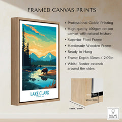 Framed canvas print of Lake Clark National Park with bear, mountain, and lake landscape art.
