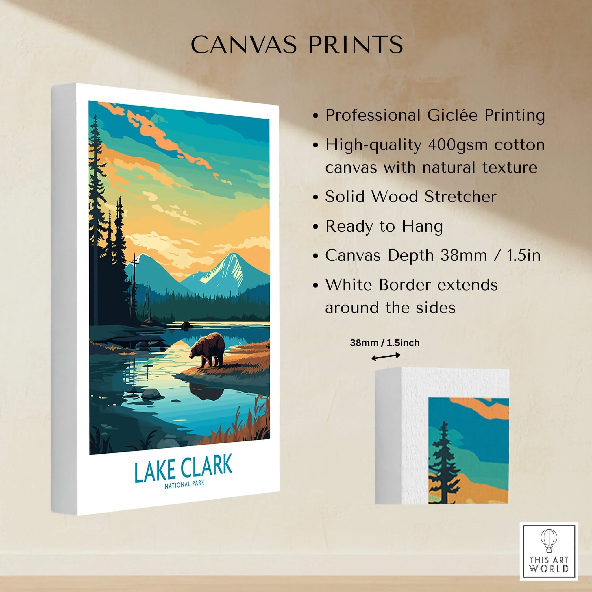 Lake Clark National Park canvas print with bear, mountains, forest, and sunset colors