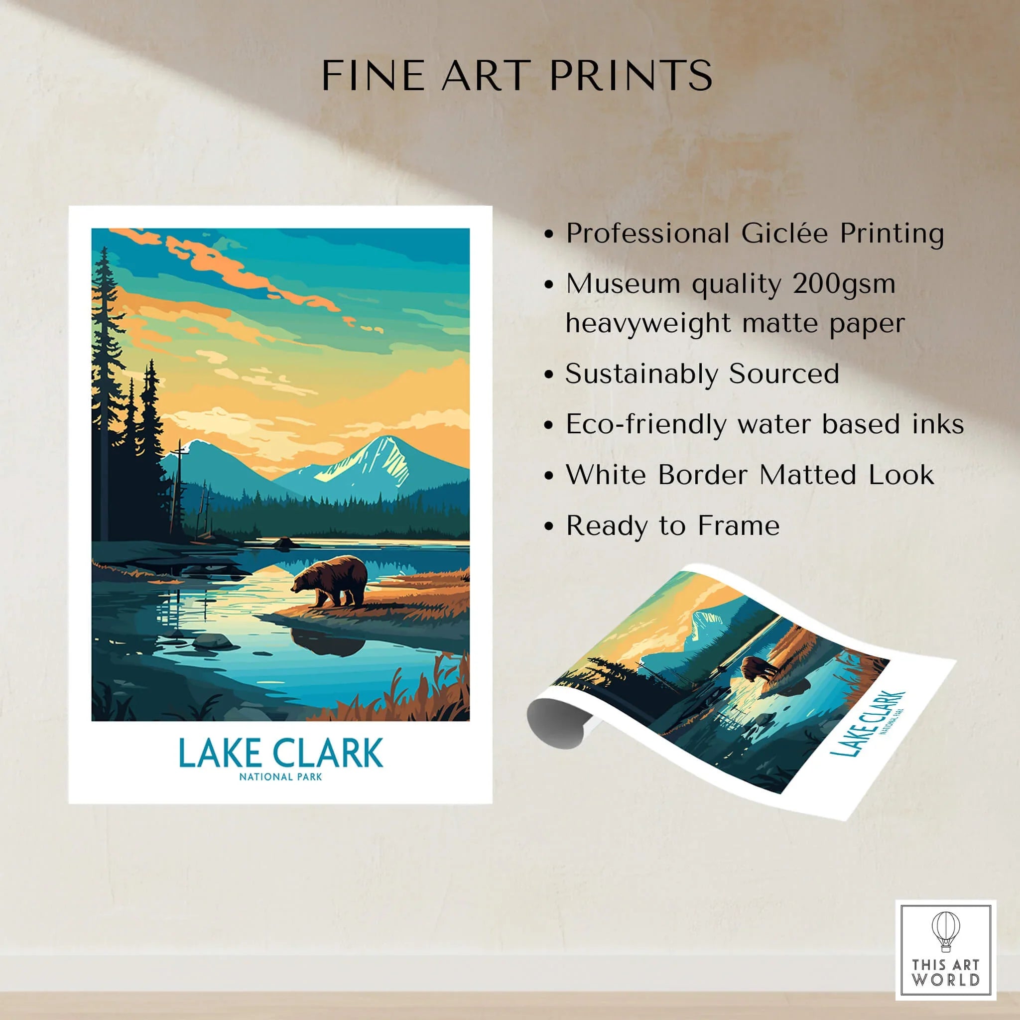 Lake Clark National Park art print featuring a bear by a lake with mountains at sunset