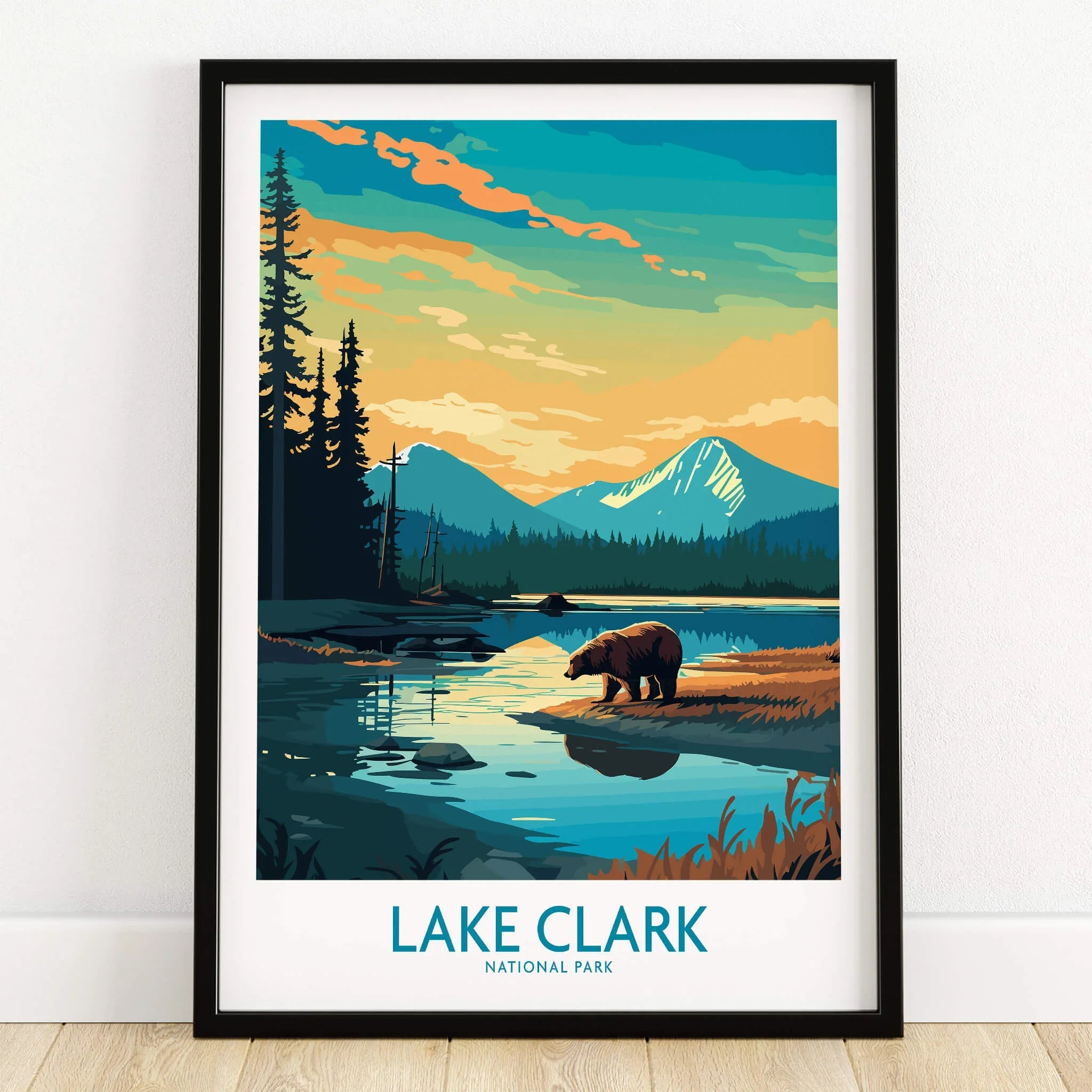 Lake Clark National Park art print with bear, mountain, lake, and sunset in black frame