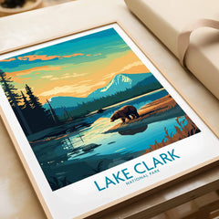Lake Clark National Park art print with bear, river, forest, and mountains in natural frame