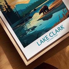 Lake Clark National Park art print with bear by a lake, framed in natural wood