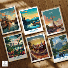 Set of six framed travel posters featuring Venice, Lake Clark National Park, Paris, Singapore, Barcelona, and Sri Lanka on a wooden floor.