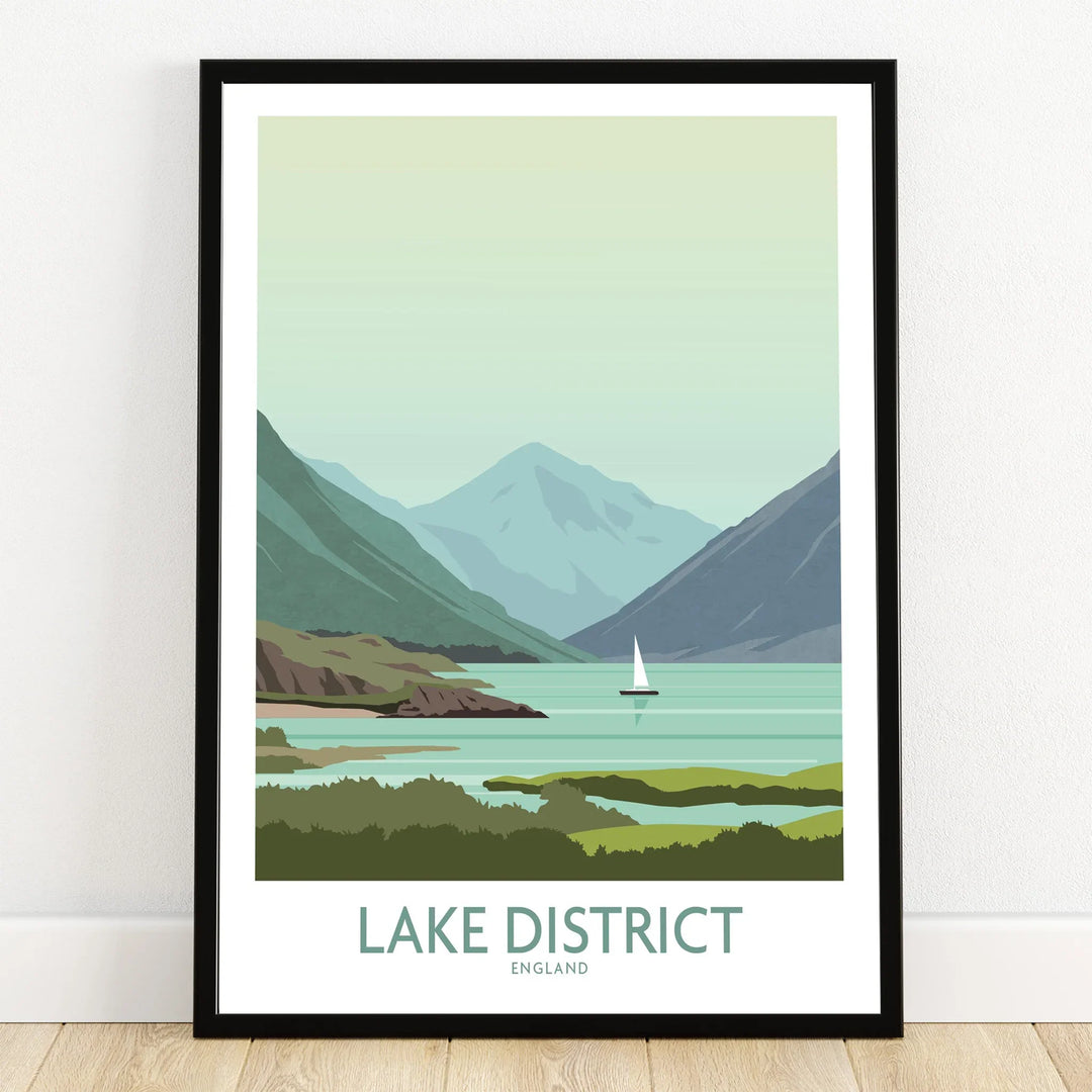 Lake District England travel poster with mountains, lake, and sailboat for home decor