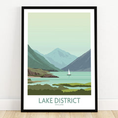 Lake District England travel poster with mountains, lake, and sailboat for home decor