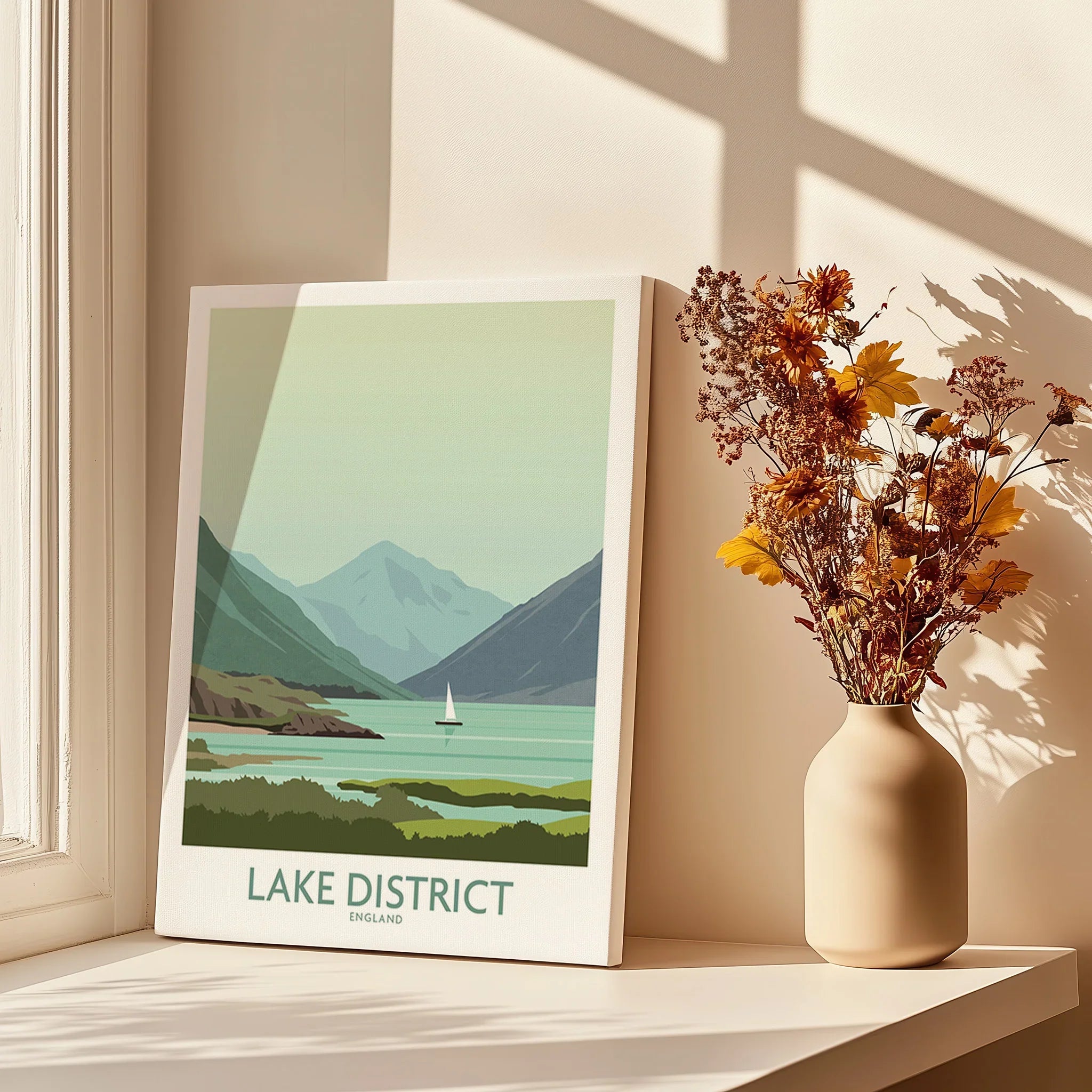 Lake District England travel poster with mountains, lake, and sailboat, styled as wall art beside dried flowers.