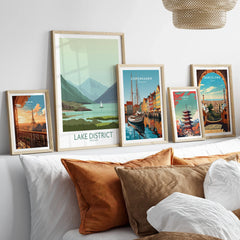 Travel posters of Paris, Lake District, Copenhagen, Tokyo, and Barcelona for home decor