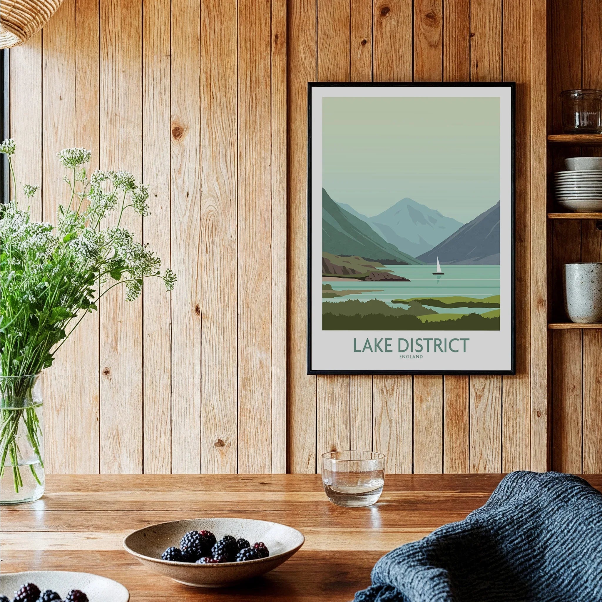 Lake District England travel poster with mountains, lake, and sailboat, perfect for home decor