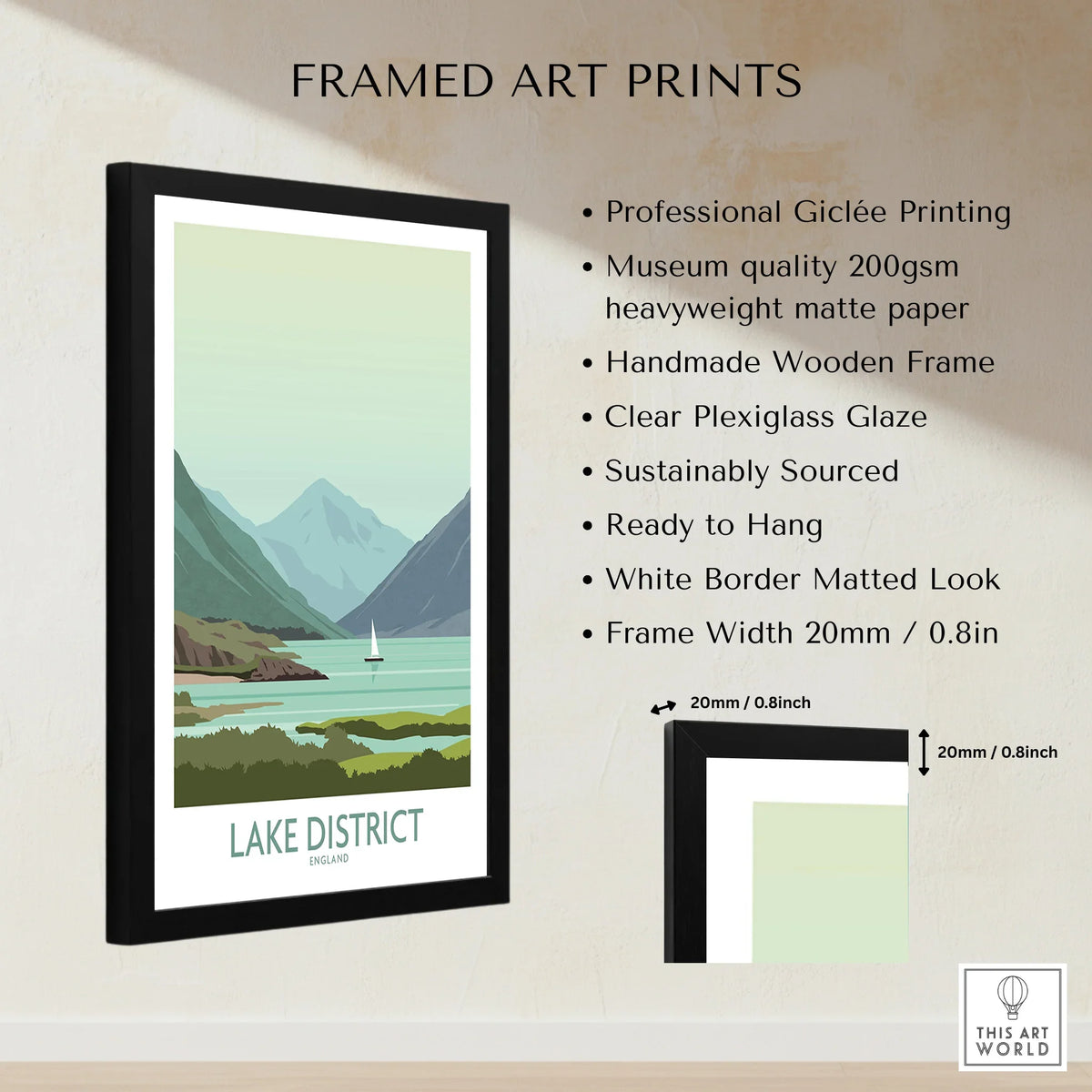 Lake District England travel poster with mountains, lake, and sailboat in black frame