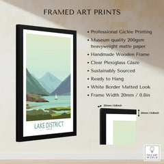 Lake District England travel poster with mountains, lake, and sailboat in black frame