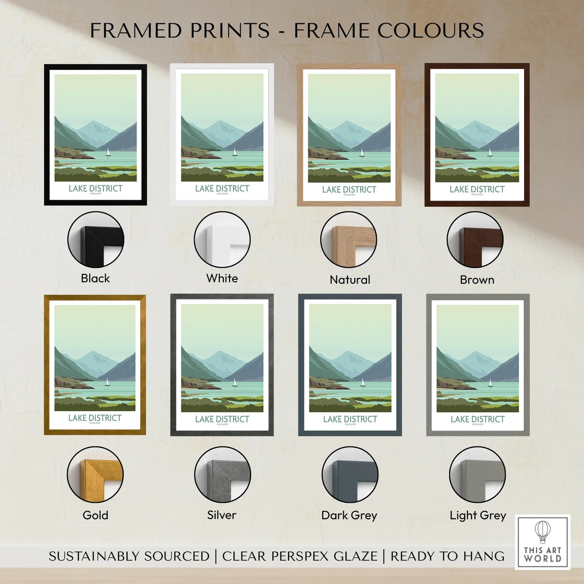 Lake District travel poster in various frame colors for home decor