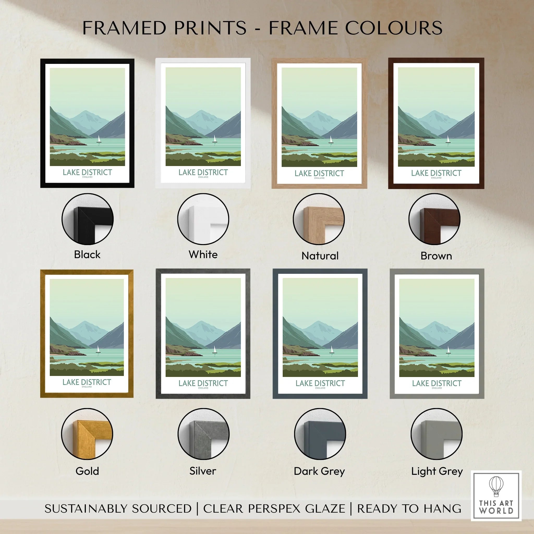 Lake District travel poster in various frame colors for home decor