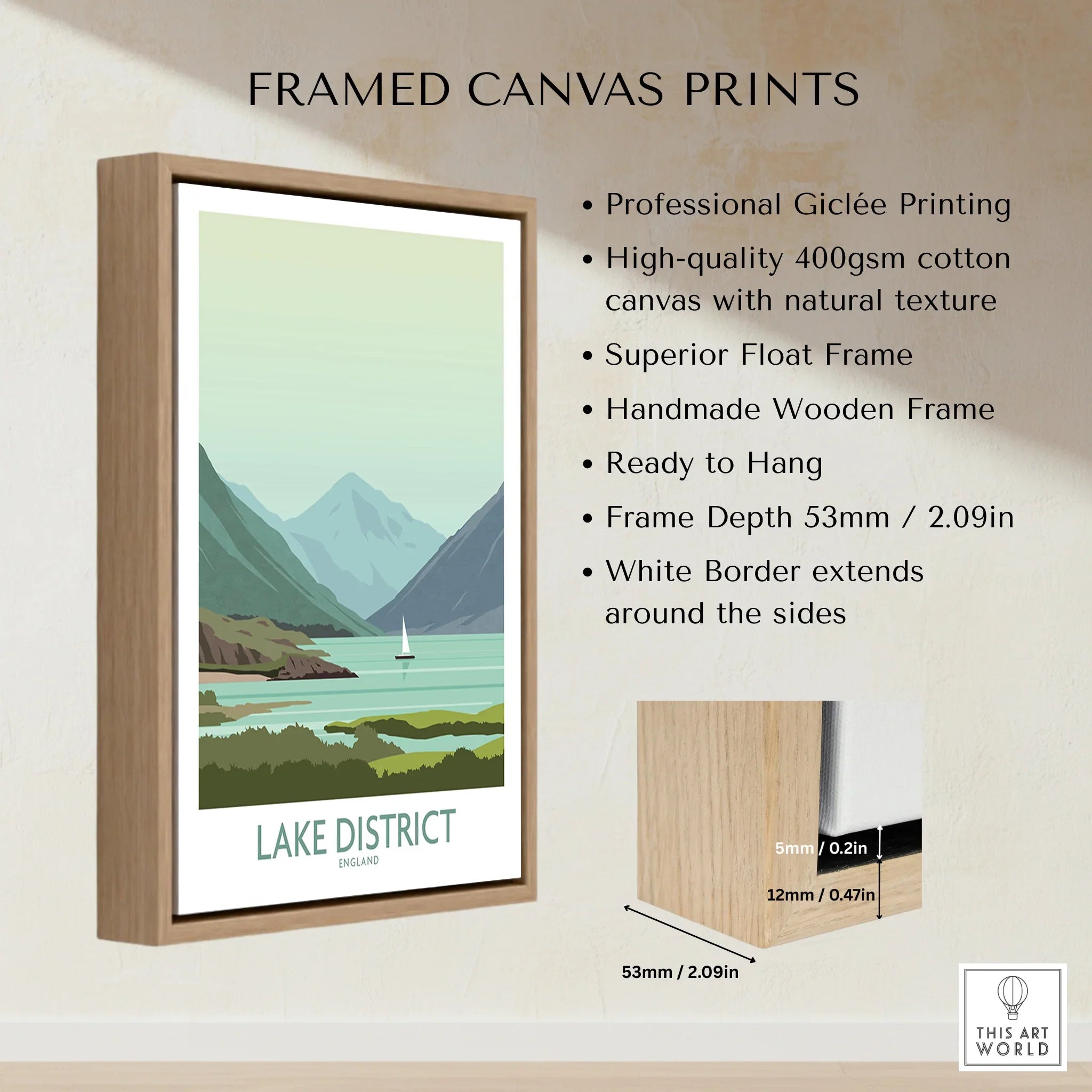 Framed Lake District England travel poster print with mountains, lake, and sailboat, ready to hang wall art