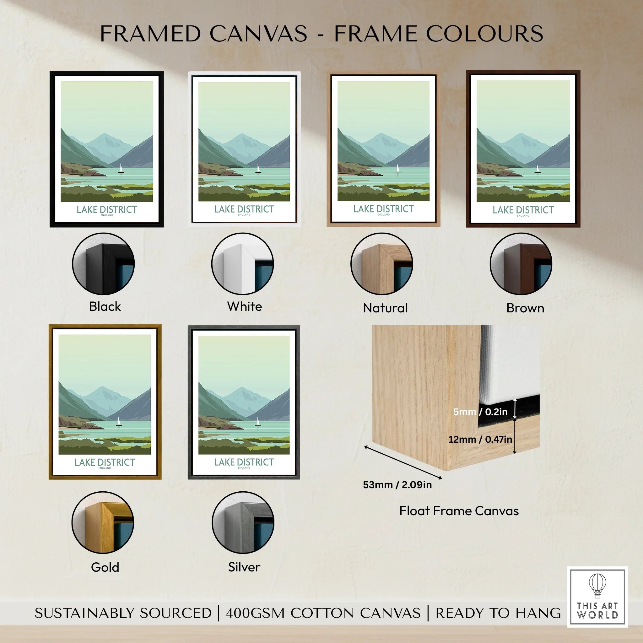 Lake District travel poster in various frame colors, including black, white, natural, brown, gold, and silver.