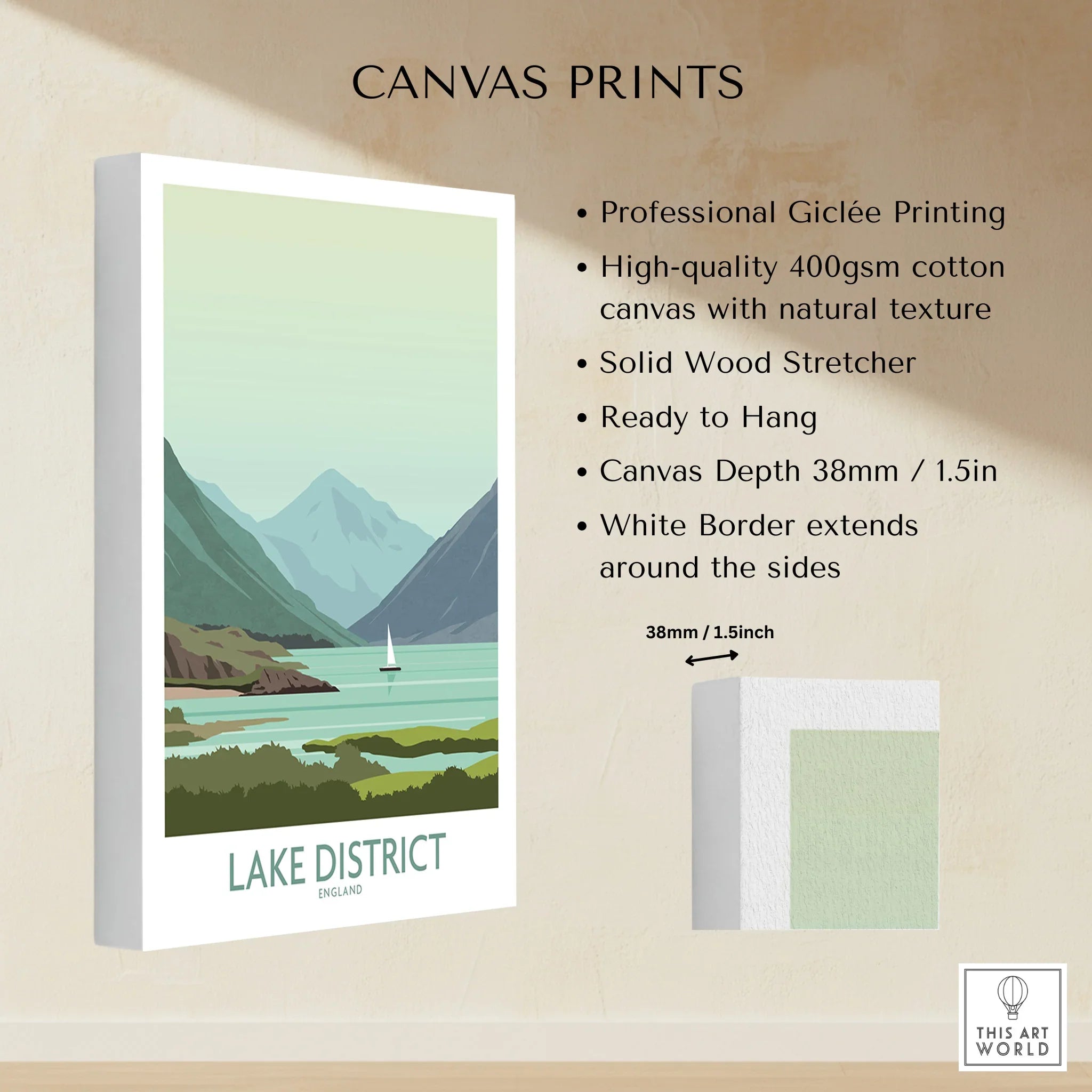 Lake District England canvas print with mountain and lake scenery, ready to hang wall art