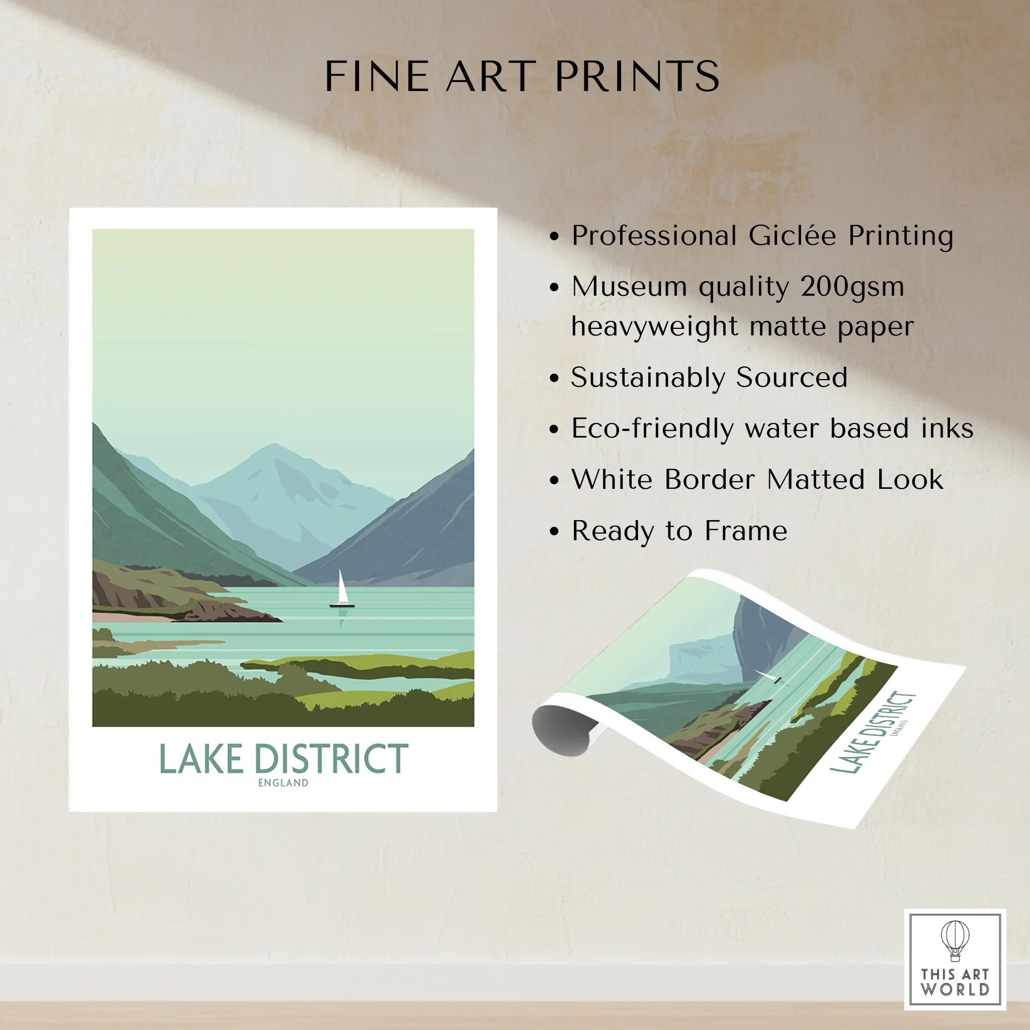 Lake District England travel poster with mountains, lake, and sailboat, fine art print ready to frame