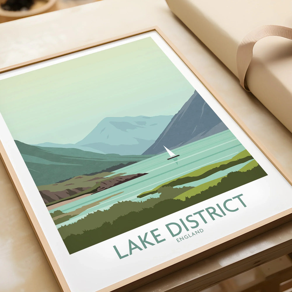 Lake District England travel poster with sailboat, mountains, and greenery for home decor