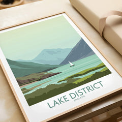 Lake District England travel poster with sailboat, mountains, and greenery for home decor