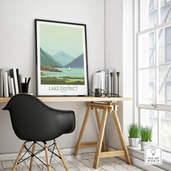 Lake District England travel poster with mountains and lake, framed wall art for home decor