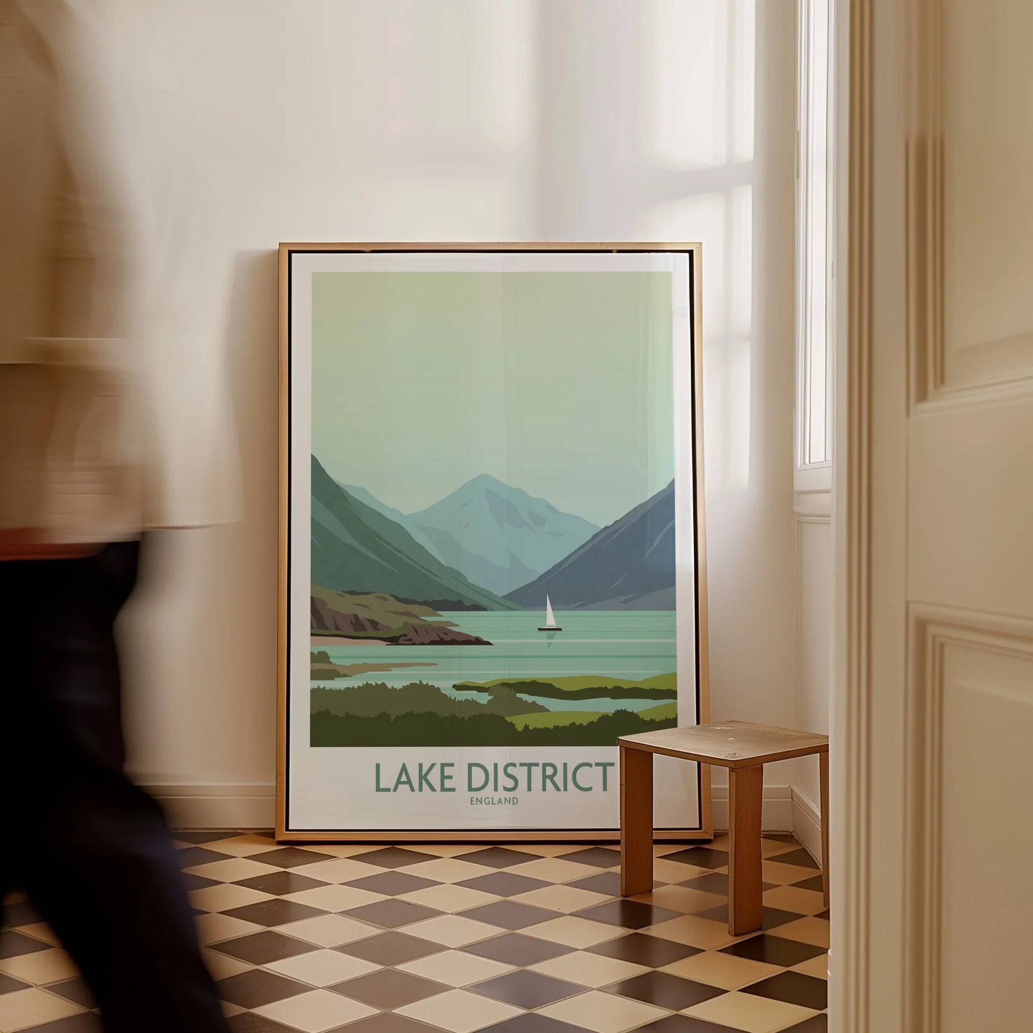 Lake District England travel poster with mountains, lake, and sailboat, perfect for home decor