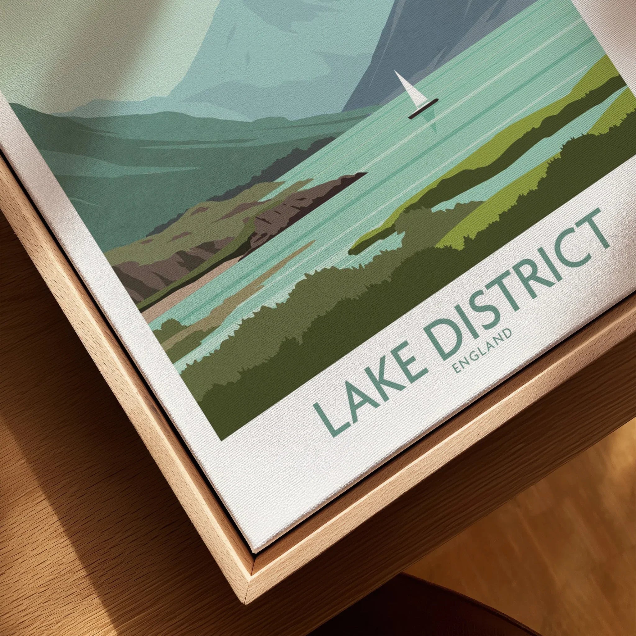 Lake District England travel poster art print with sailboat, mountains, and green landscape on canvas