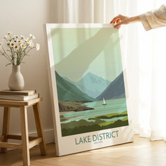 Lake District England travel poster with mountains, lake, and sailboat, perfect for home wall art decor