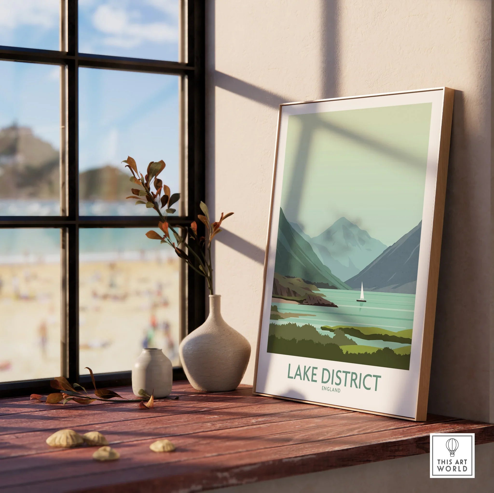 Lake District England travel poster with mountains and sailboat, framed wall art for home decor