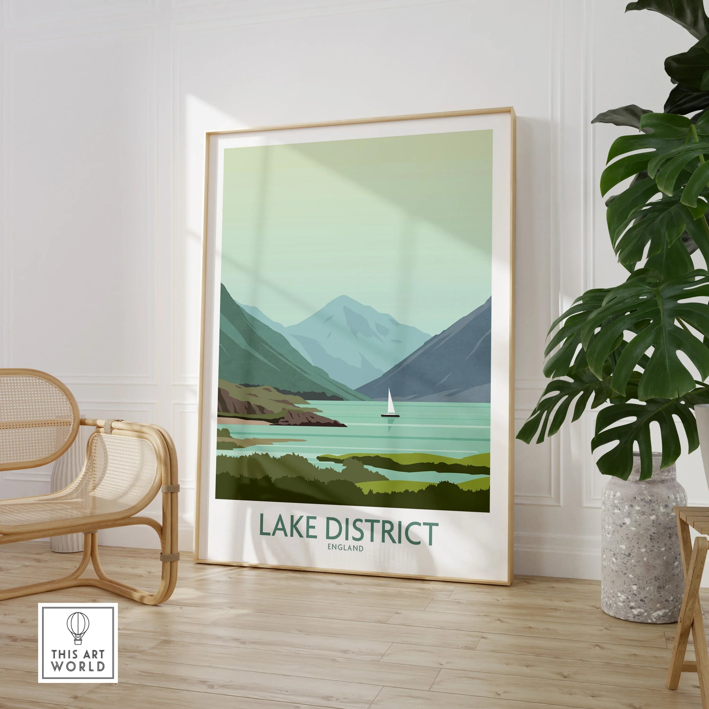 Lake District England travel poster with mountains, lake, and sailboat, perfect for home decor
